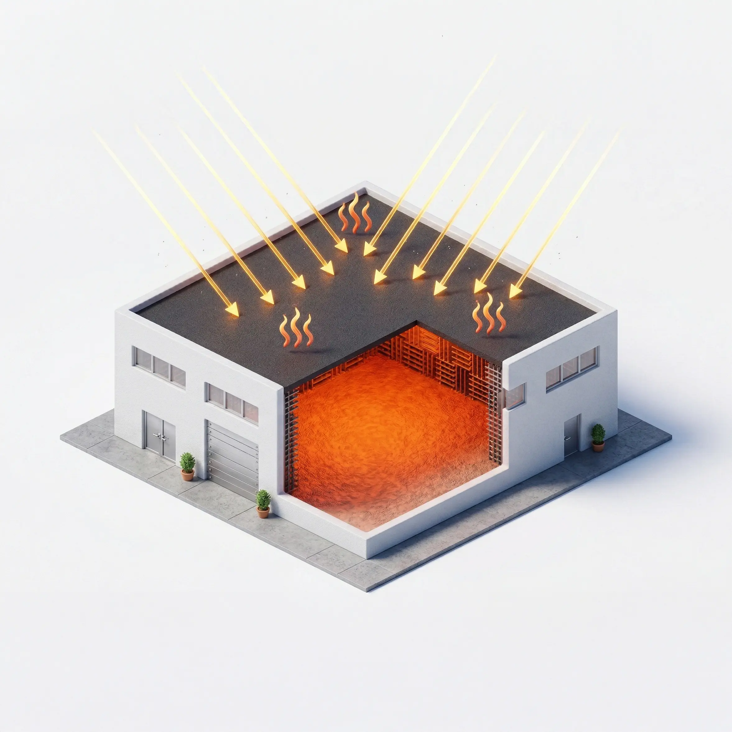 Entrepôt industriel sans cool roof, absorption thermique